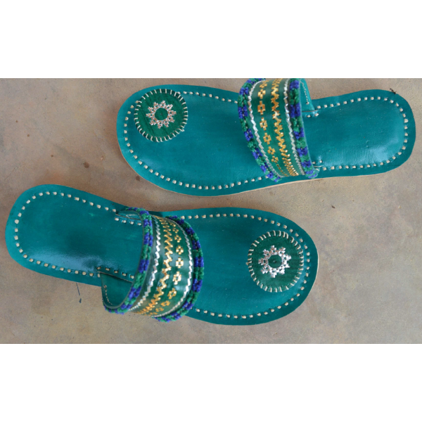 Leather Padukas (sandals) - Zari Takla with Torni (Aqua)